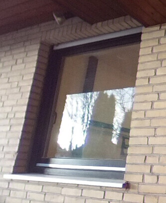 Außenfenster in heller Ziegelwand mit Fensterbank und Baumreflexion