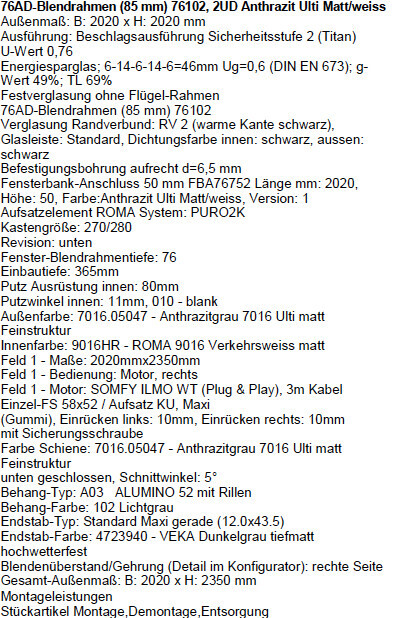 Produktdatenblatt: 76AD-Blendrahmen (85 mm), Anthrazit Ulti Matt/weiß, Abmessungen.