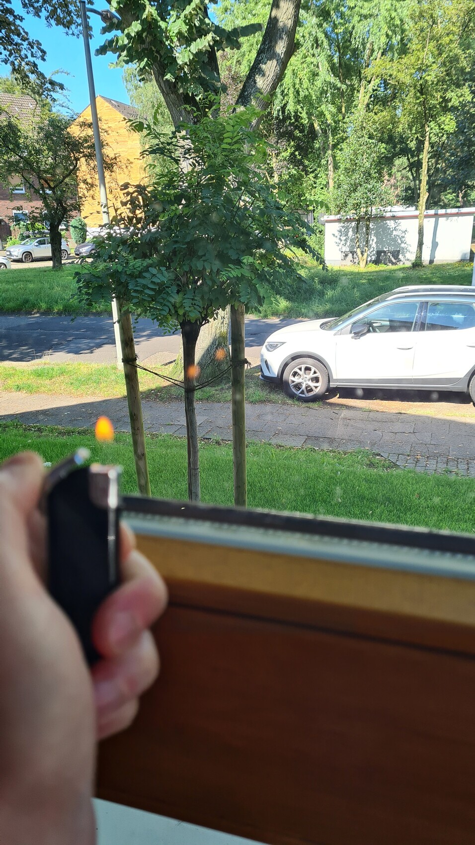 Person hält Feuerzeug am Fenster; Blick nach draußen auf Baum, Rasen und geparktes Auto.