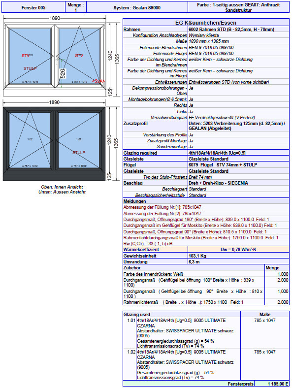 Technische Zeichnung einer Fensterkonstruktion mit zwei Flügeln, Gealan S9000, Abmessungen.