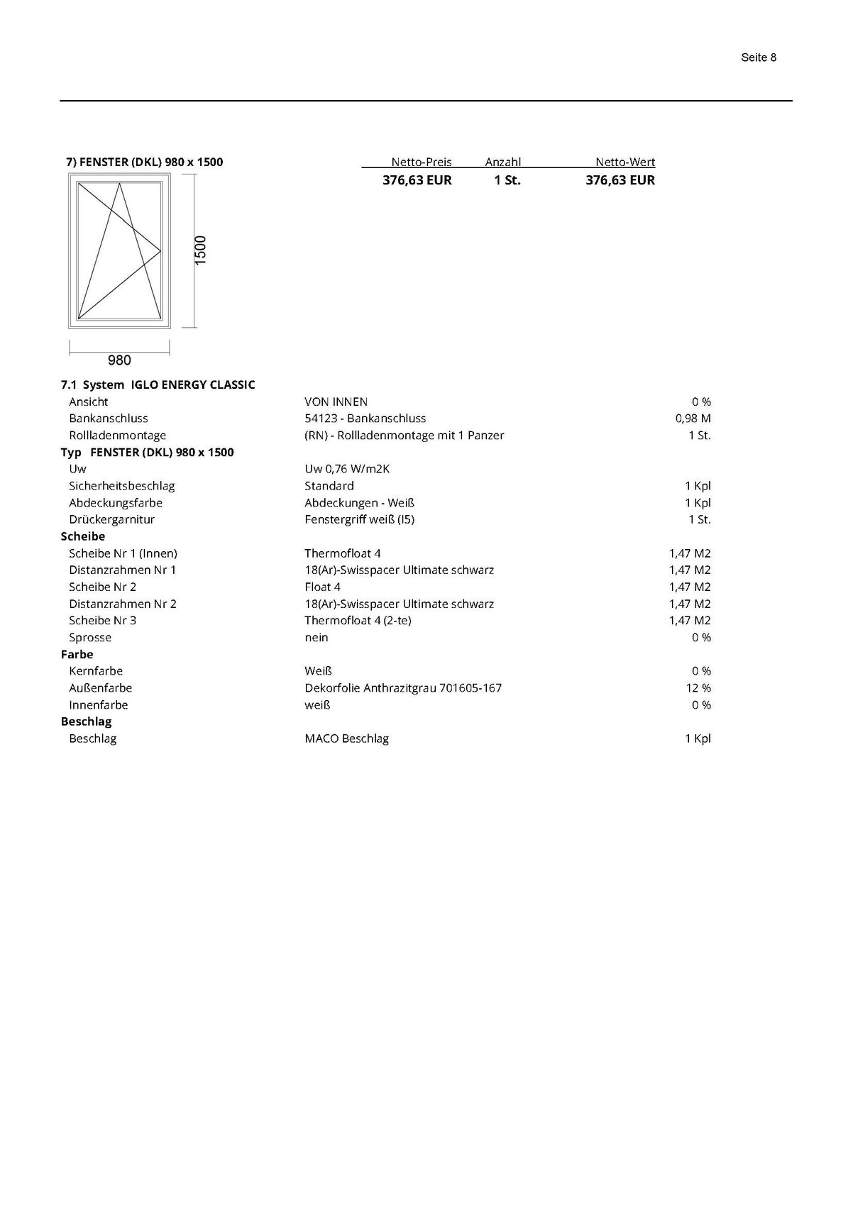 Technische Zeichnung eines Fensters (DKL) 980 x 1500 mm mit Maßangaben.