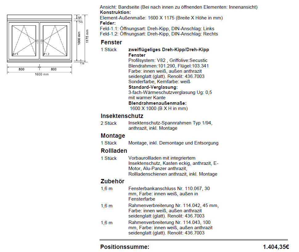 Technische Zeichnung: Doppelflügeliges Dreh-Kipp-Fenster, 1600 x 1175 mm, mit Insektenschutz.