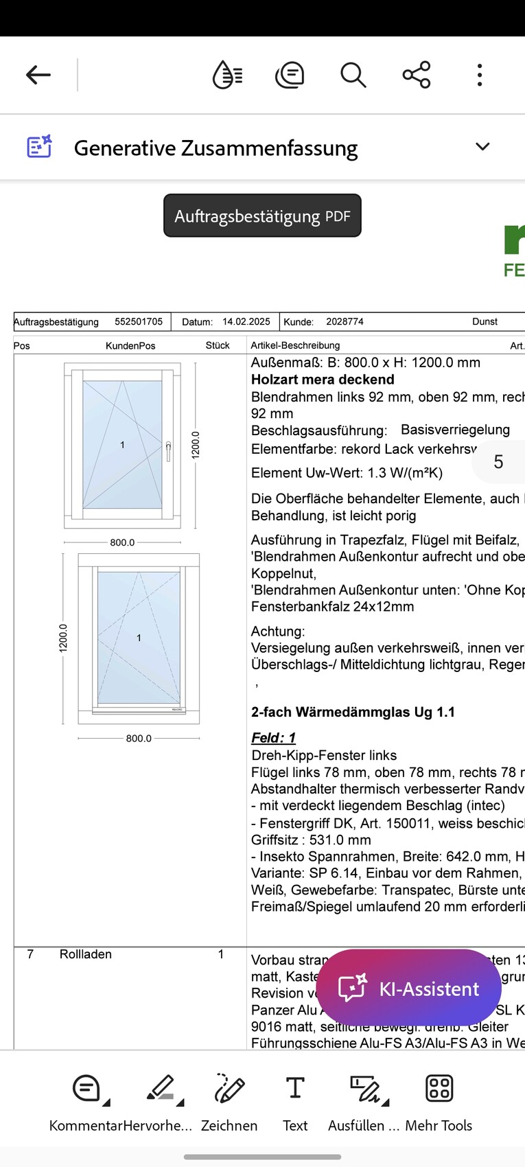 Auftragsbestätigung PDF mit Fensterzeichnung, Außenmaß 800x1200 mm, Text rechts.