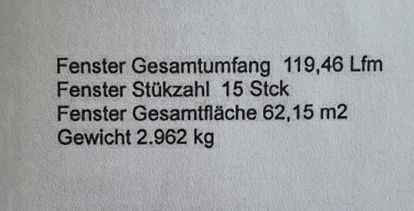 Fenster: Gesamtumfang 119,46 Lfm; Stückzahl 15; Gesamtfläche 62,15 m2; Gewicht 2,962 kg