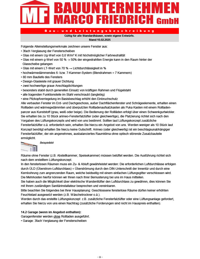 Dokumentenseite mit Fensterinformationen, Tür- und Rolladenmerkmalen und Firmenlogo oben