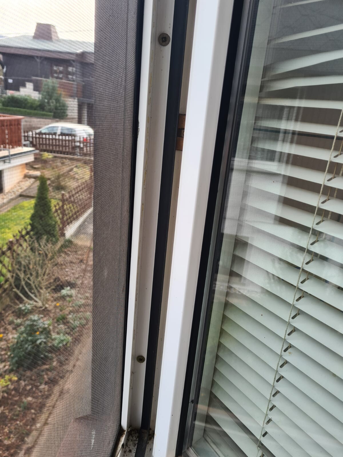 Fenster mit Fliegengitter und Innenjalousien; Blick auf Garten und Auto draußen.