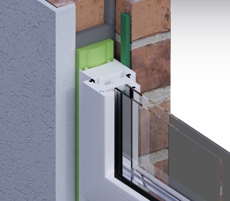 Querschnitt eines Fensters in Wandaufbau mit Rahmen, Glas und grünen Distanzstücken.