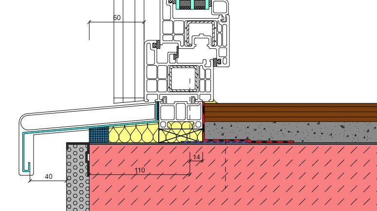 Querschnitt eines Fensterrahmens im Wand- und Bodenaufbau mit Dämmung, Dichtungen und Estrich.