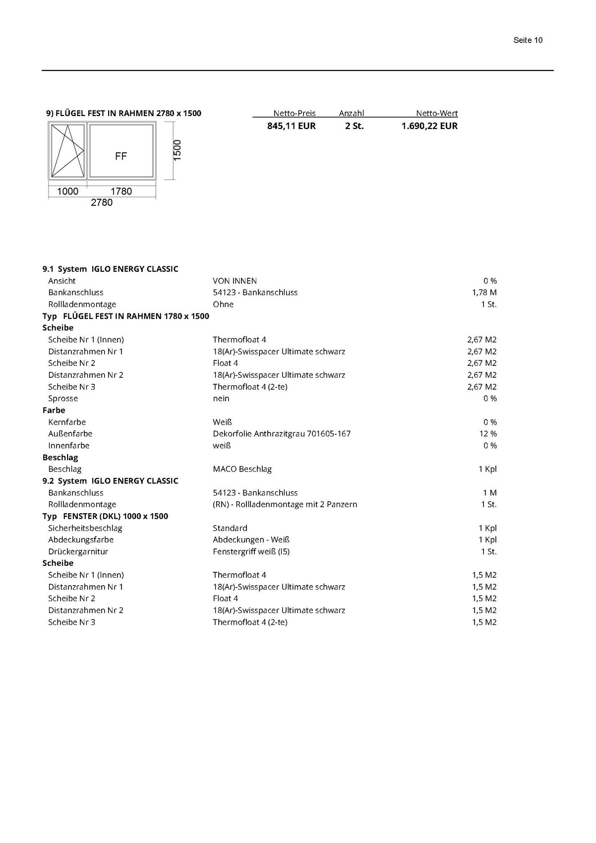 Technische Zeichnung eines Fensterrahmens 2780x1500 mm mit Preistafel und Systemangaben.