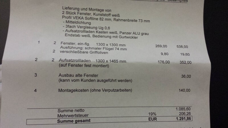 Rechnung und Aufstellung für Fenster Lieferung und Montage