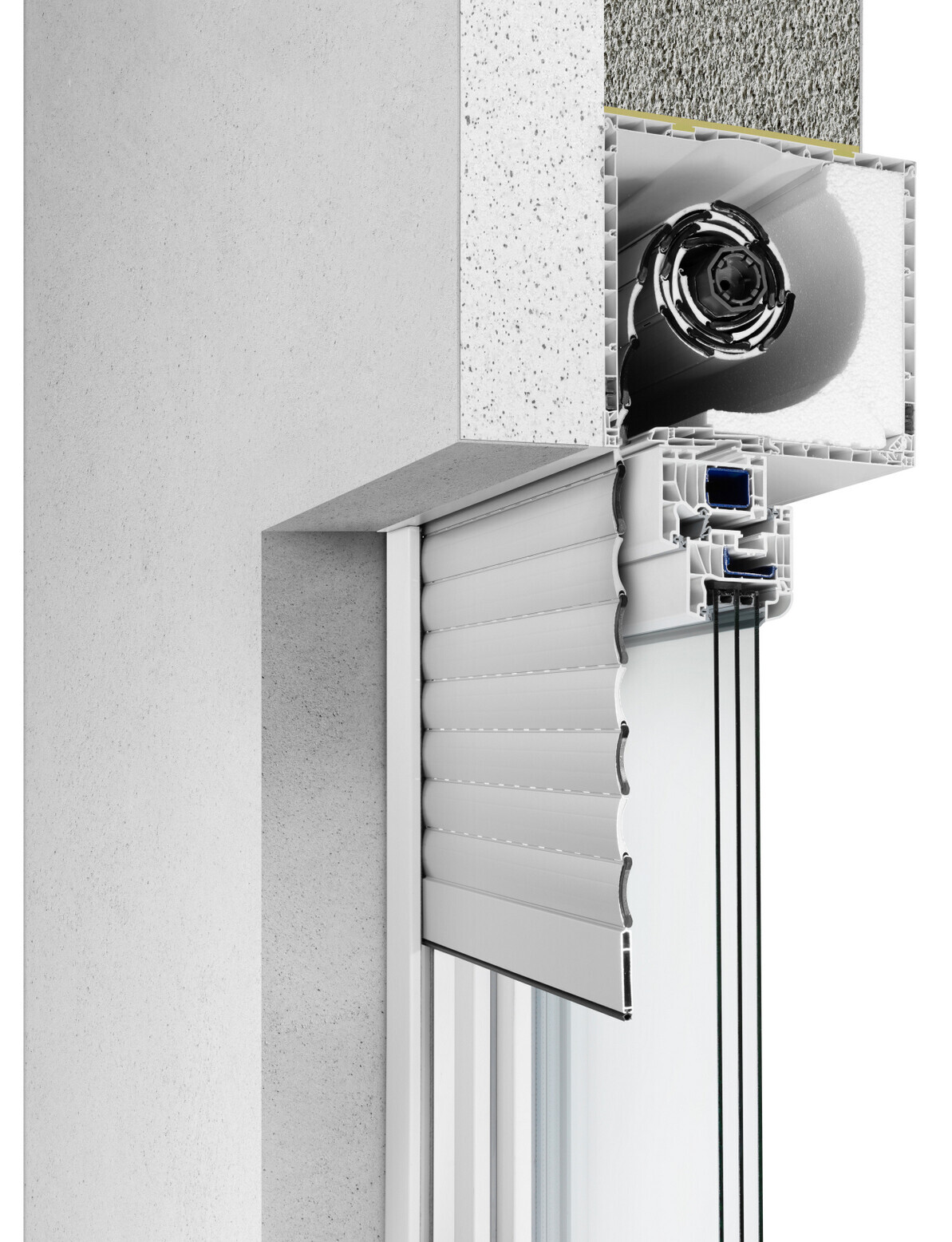 Querschnitt eines Fensters mit Rollladen, Dämmung und Profilkonstruktion in Betonwand