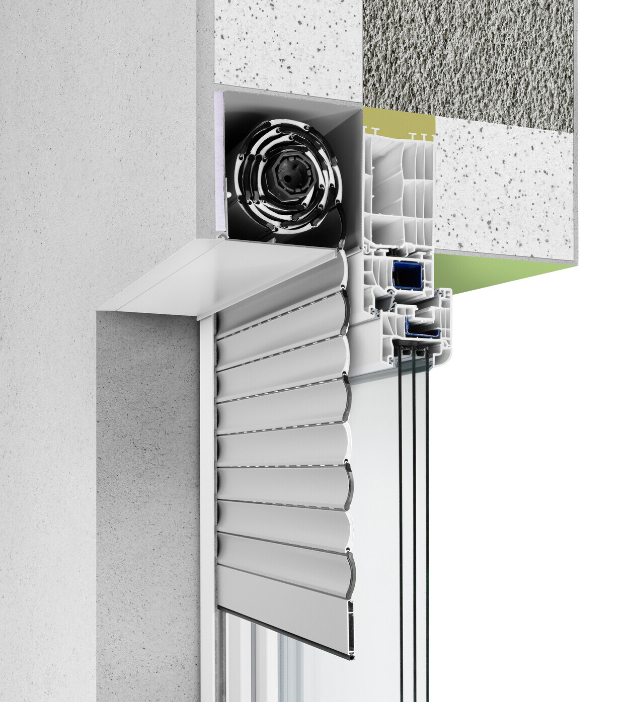 Schnittdarstellung eines Fensters mit Rollladen und Dämmung im Wandaufbau