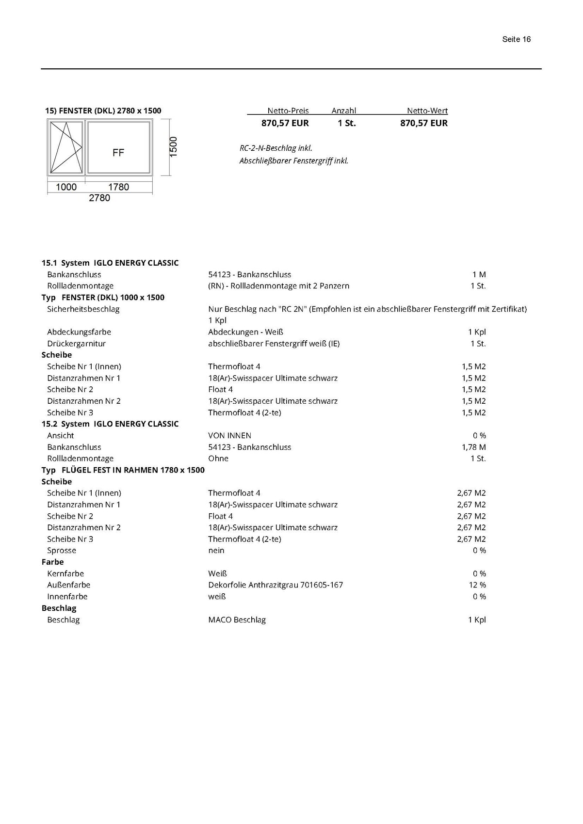Technische Zeichnung eines Fensters 2780x1500 mm mit Daten zum IGLO ENERGY CLASSIC System.