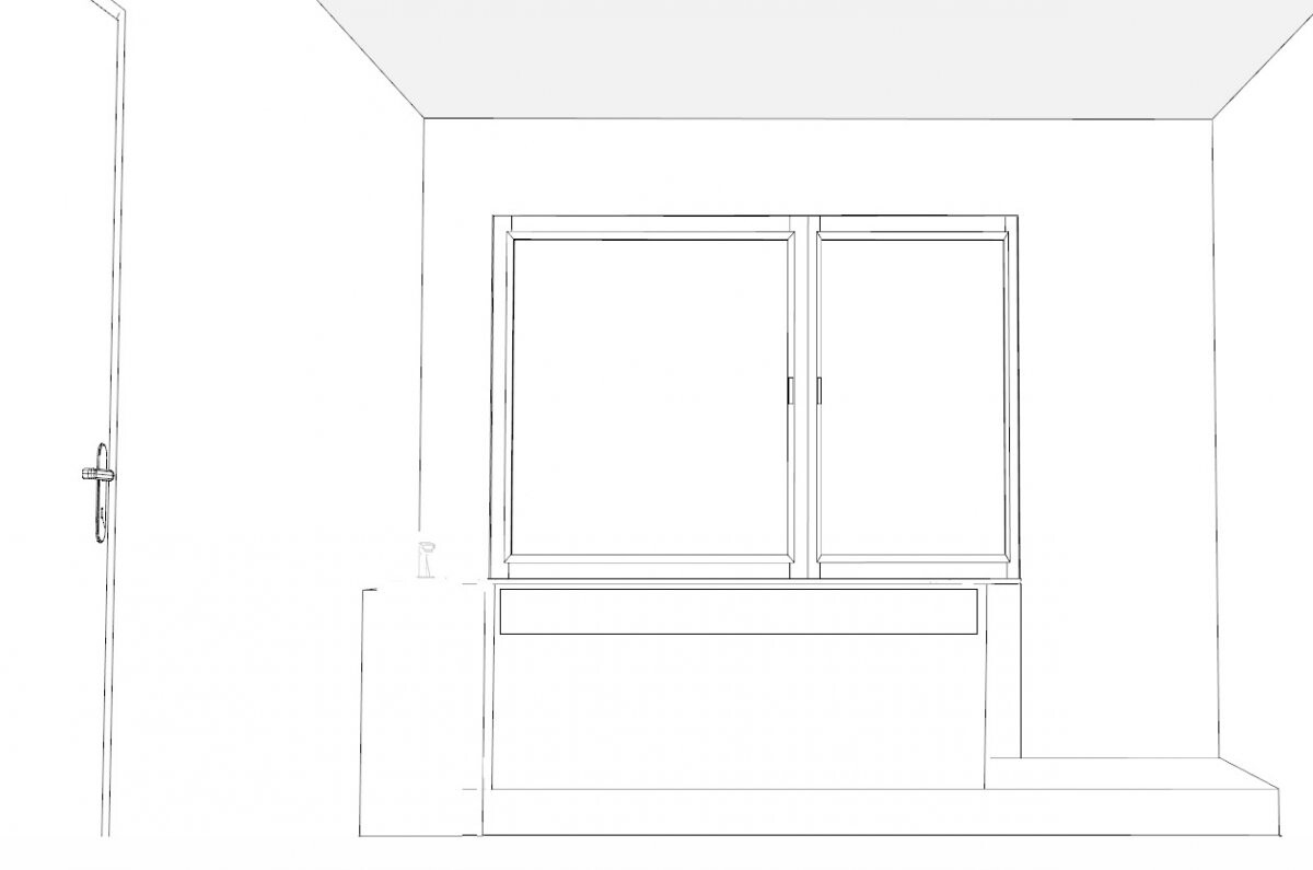 Schlichte Innenraumskizze mit Fensterfront, Tür links und Unterbau unter dem Fenster.