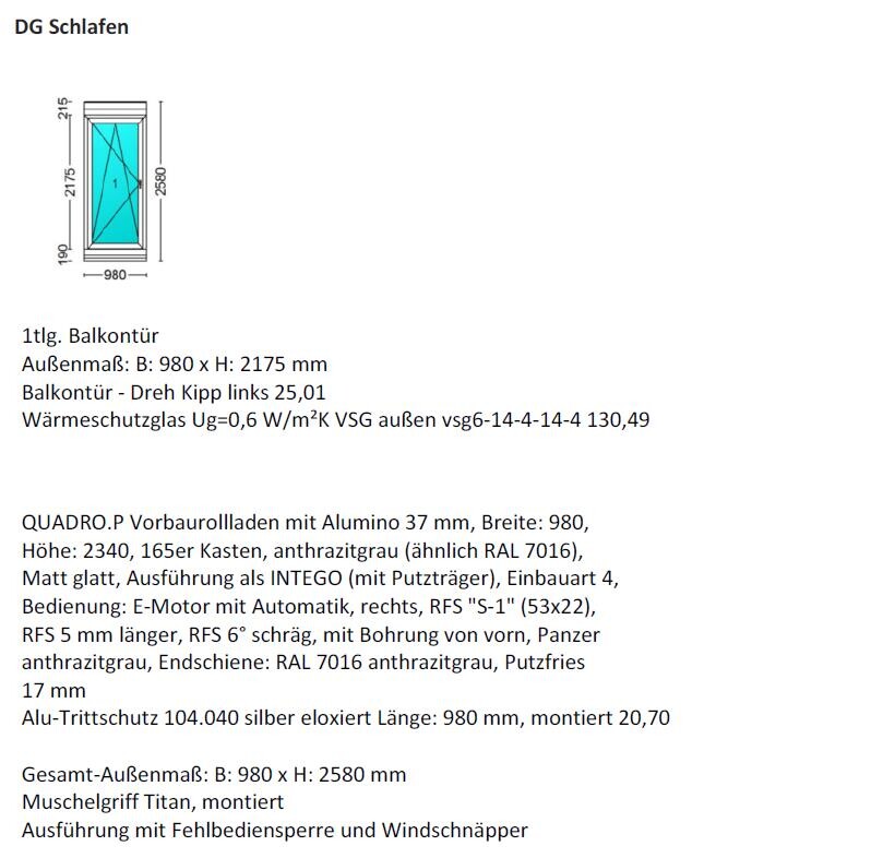 Technische Zeichnung einer Balkontür und Fenster mit Maßangaben für Dachgeschoss Schlafzimmer