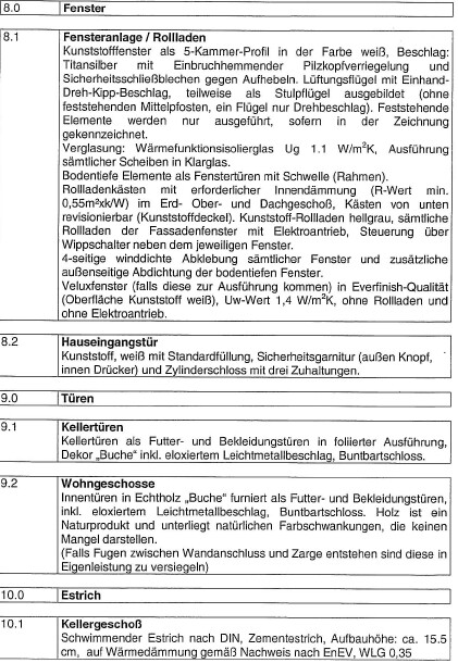 Seitenansicht eines Bauplans mit Fenster- und Türdetails sowie Rollläden