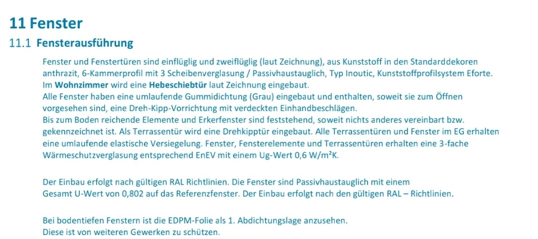 Dokumentseite: Abschnitt 11 Fenster mit Fensterausführung-Text.