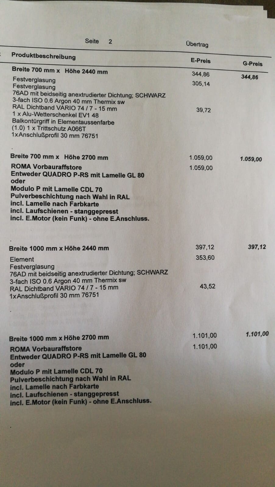 Preisliste für Fensterverglasung mit Maßen (Breite/Höhe) und Bauelementen-Beschreibungen