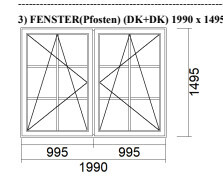 Technische Zeichnung von zwei Fenstern mit Abmessungen 1990x1495