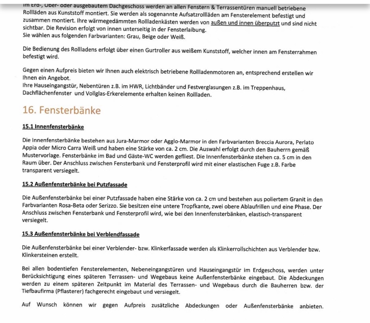 Dokumentenseite mit Abschnitt 16 Fensterbänke: Innen- und Außenfensterbänke.