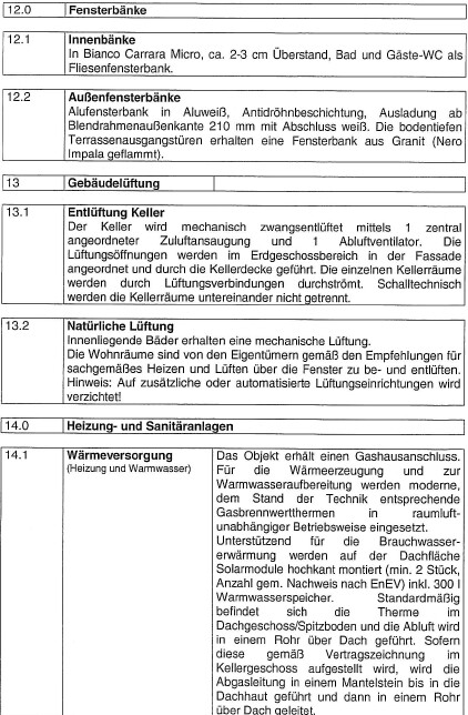 Dokumentseite zeigt Fensterbänke innen und außen, Lüftung und Heizungsthemen im Bauplan