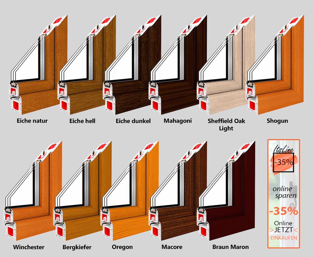 Kollage von Fensterrahmen aus Holz mit Furnieren (Eiche, Mahagoni, Oregon, Macore) und Werbebanner.