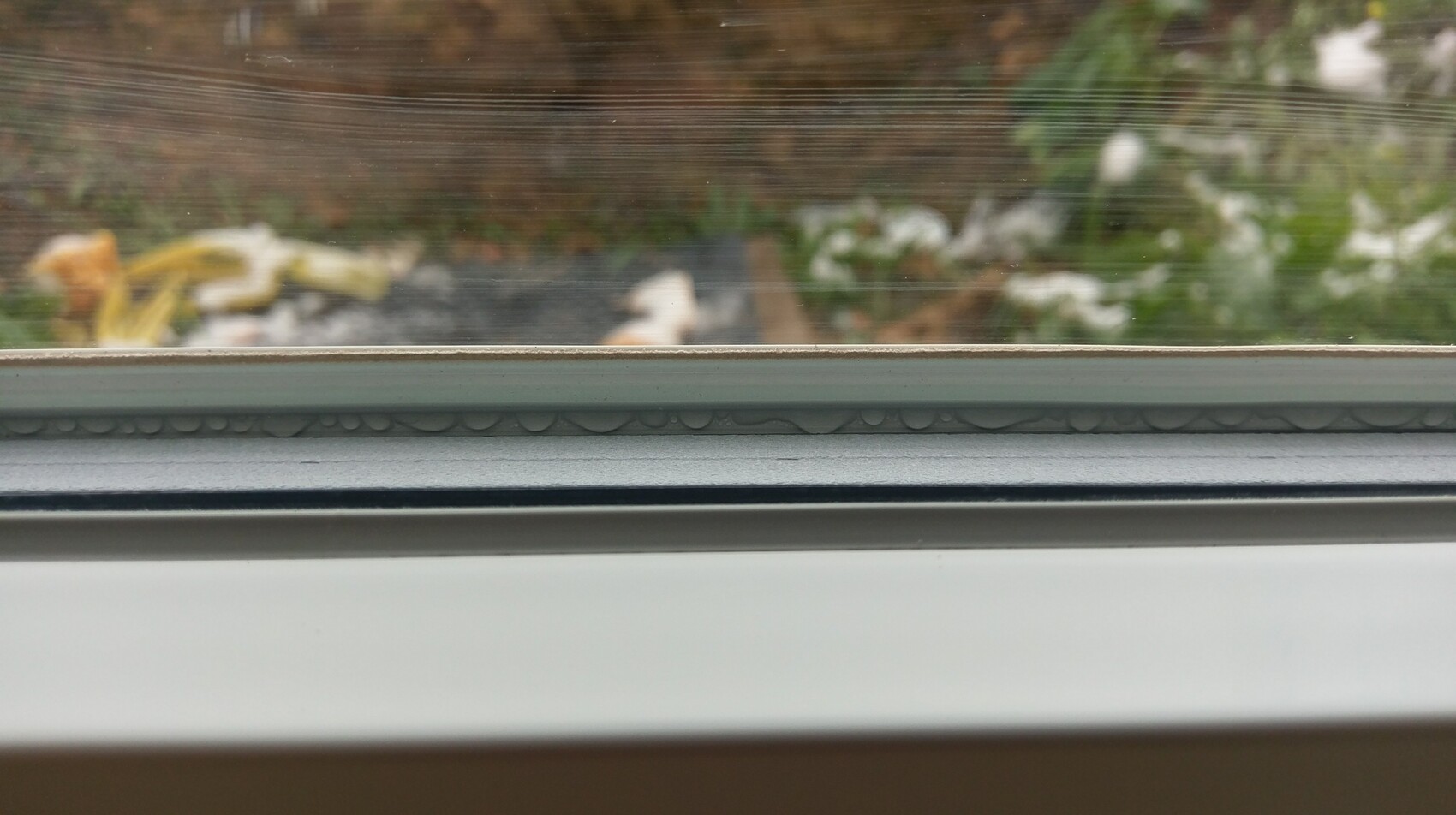 Nahaufnahme eines Fensterrahmens mit Dekormuster am unteren Rand, Blick nach außen in Garten