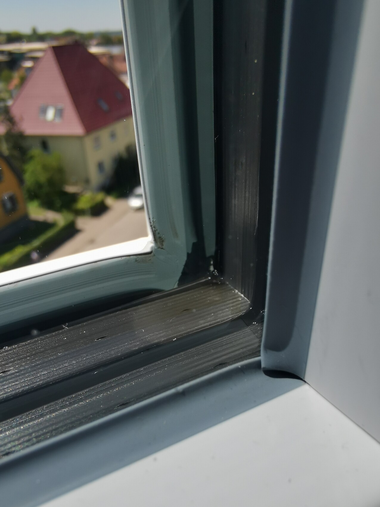 Fensterrahmen im Vordergrund, Blick auf rote Dächer eines Wohngebiets