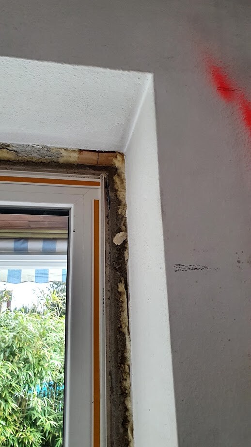 Weißer Fensterrahmen mit freiliegender Dämmung; Außenansicht mit Grünpflanzen.