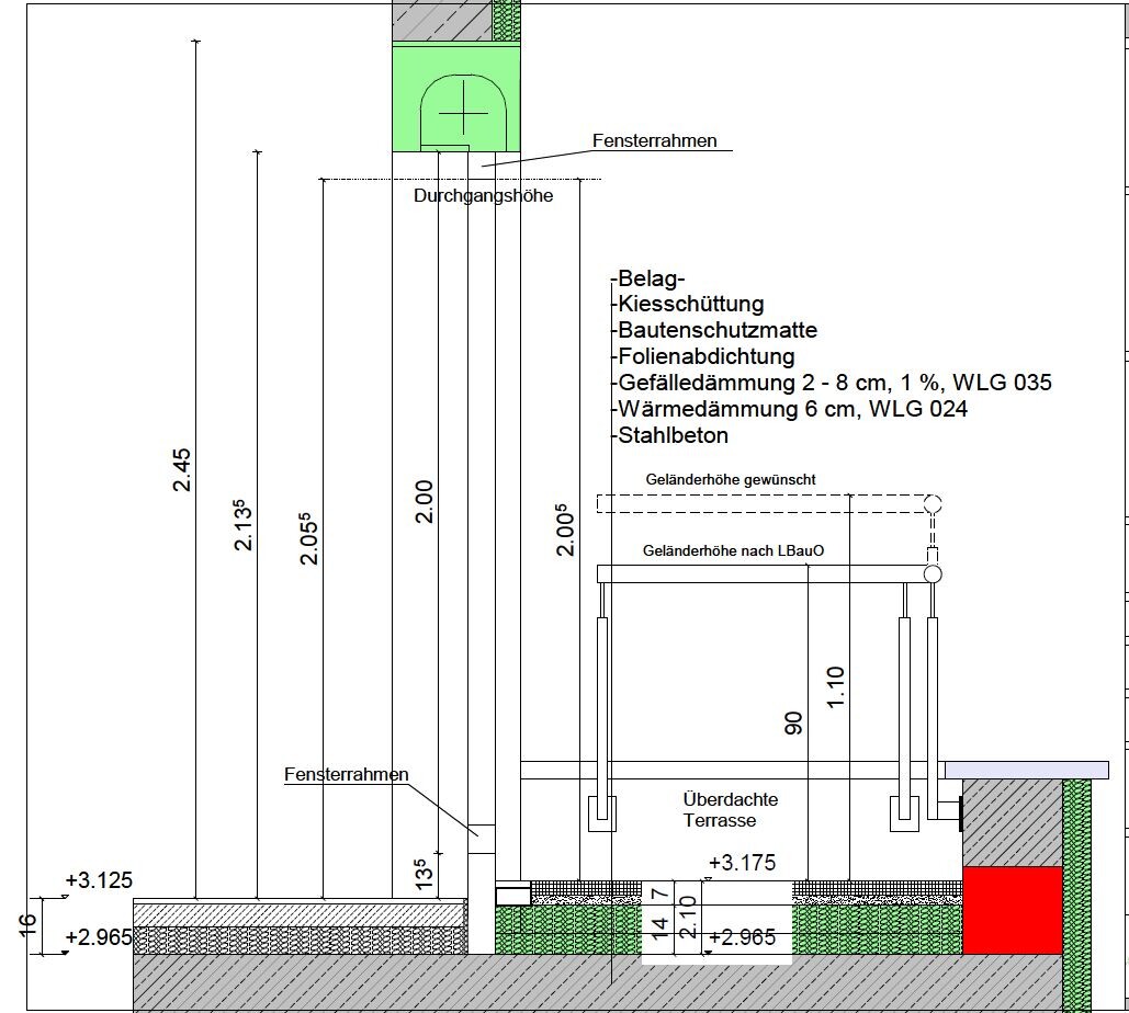 Architekten-Schnittzeichnung mit Fensterrahmen, Geländerhöhe und Terrasse