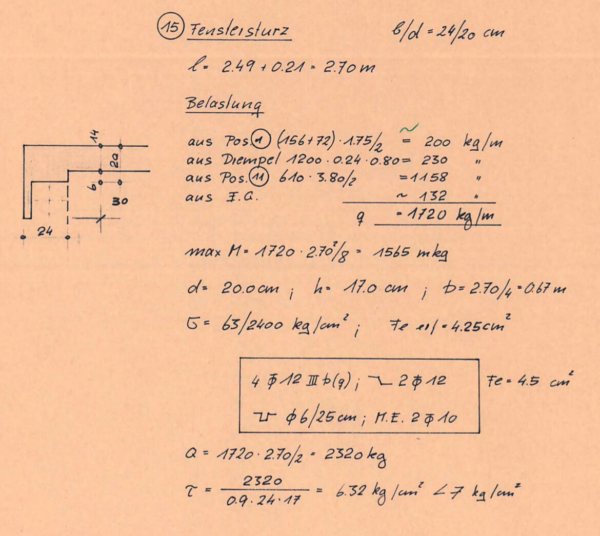 Handschriftliche Skizze zur Fenstersturz-Belastung mit Diagramm, Maßen und Formeln.