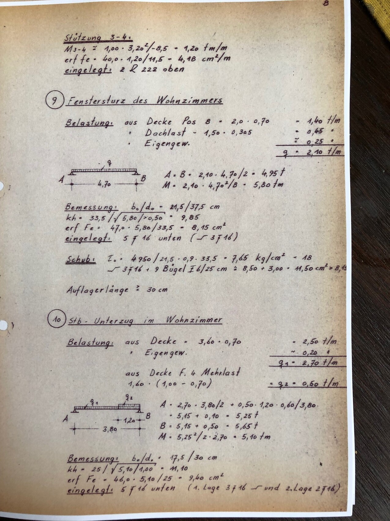 Handschriftliche Baupläne mit Fenstersturz im Wohnzimmer und Rohbau-Bemessung