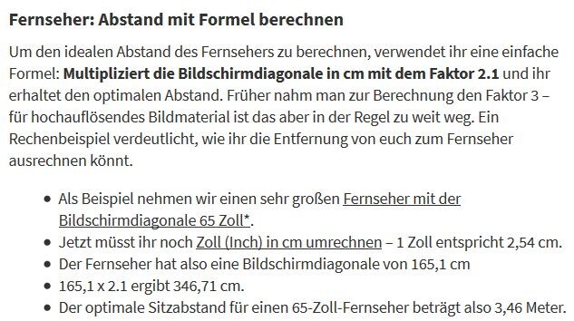 Bild zeigt Text mit Anleitung zur Berechnung des TV-Abstands anhand einer Formel.