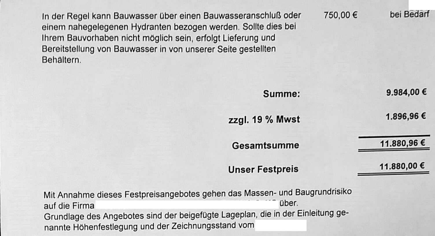 Seiten eines Textdokuments mit Preisen und Summen in Euro, Bauangebot