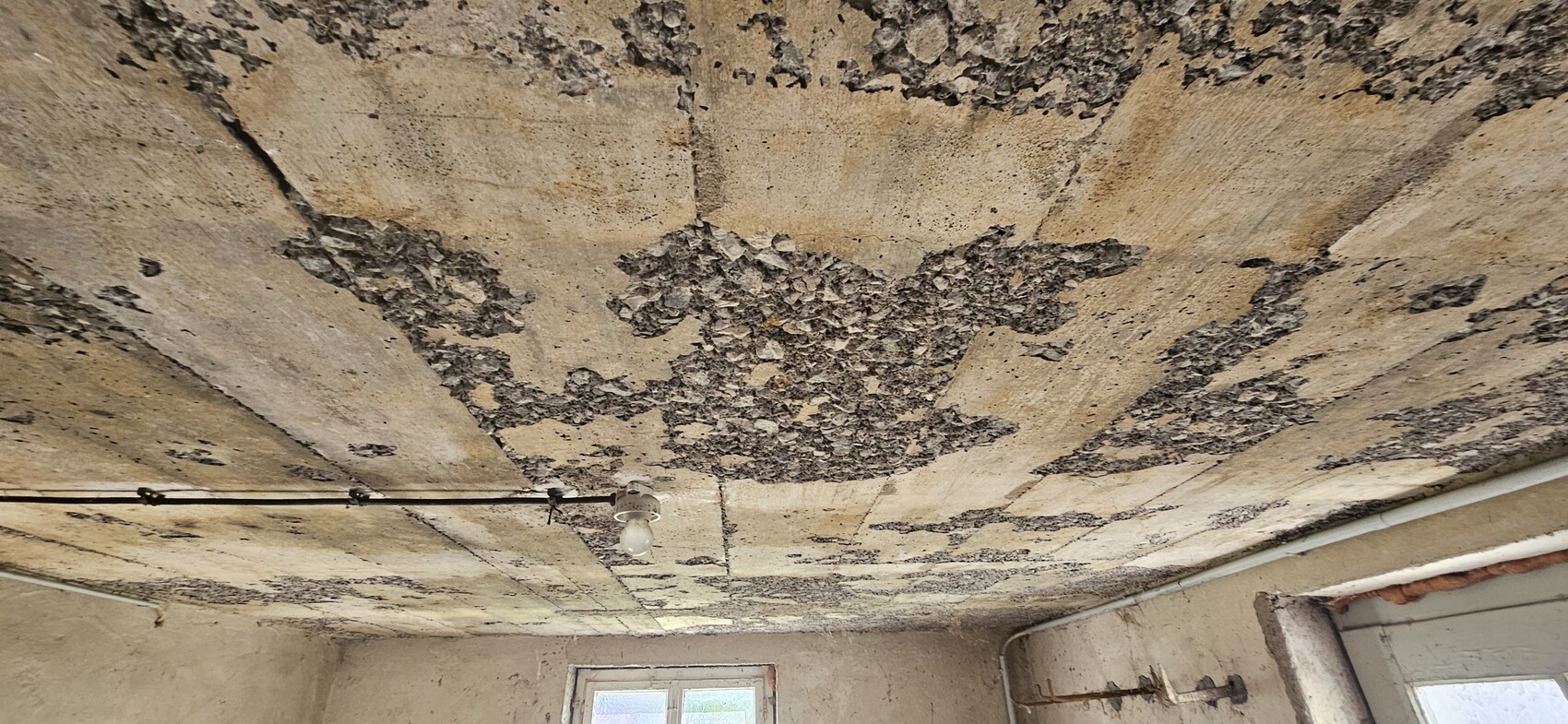 Decke mit abgeblättertem Putz, feuchte Flecken, Glühbirne hängt, Fenster unten
