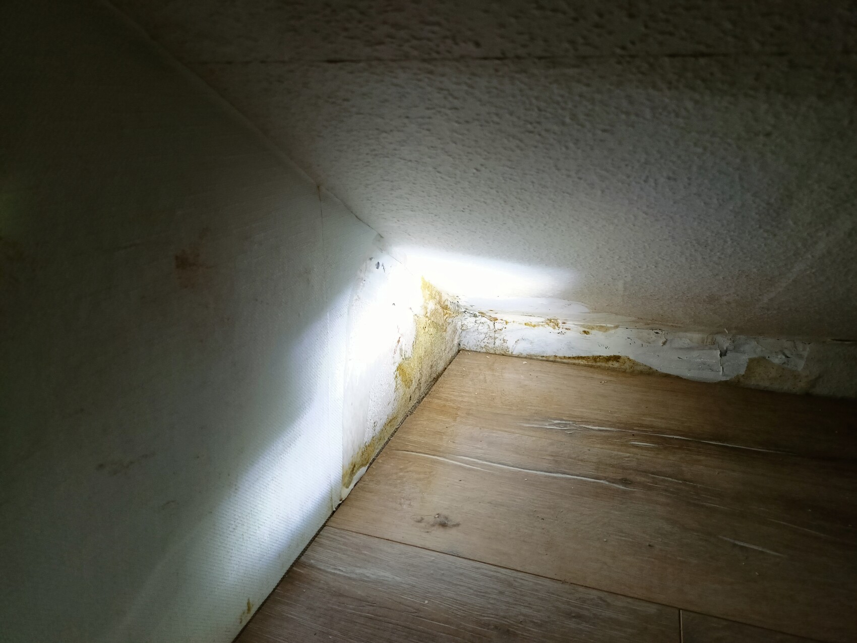 Enge Ecke unter Dach, Holzfußboden, Schimmel an Wand und Sockel, helles Licht von rechts.