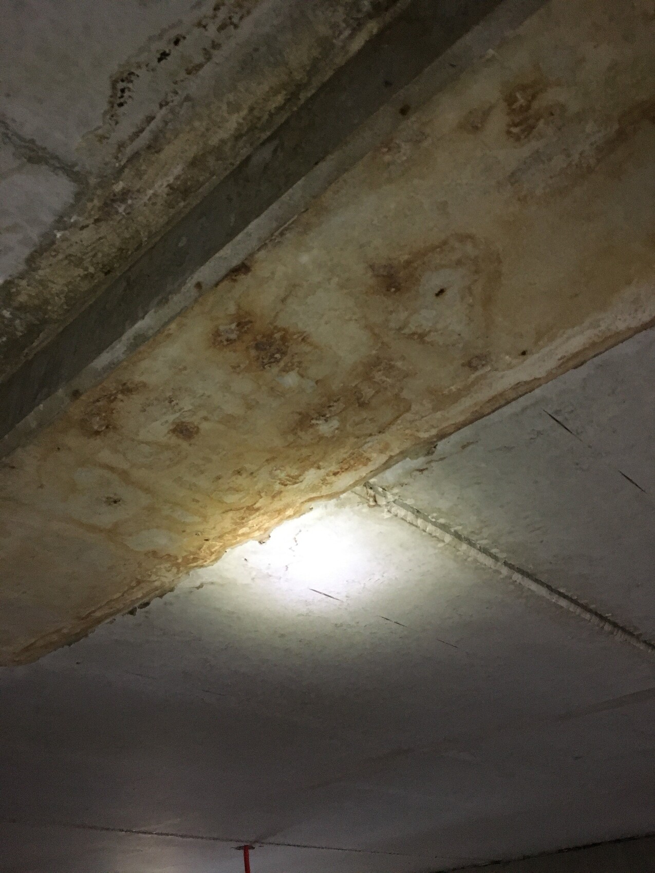 Betondecke mit rostigen Flecken an einem Stahlträger; Lichtstrahl von unten erhellt die Fläche.