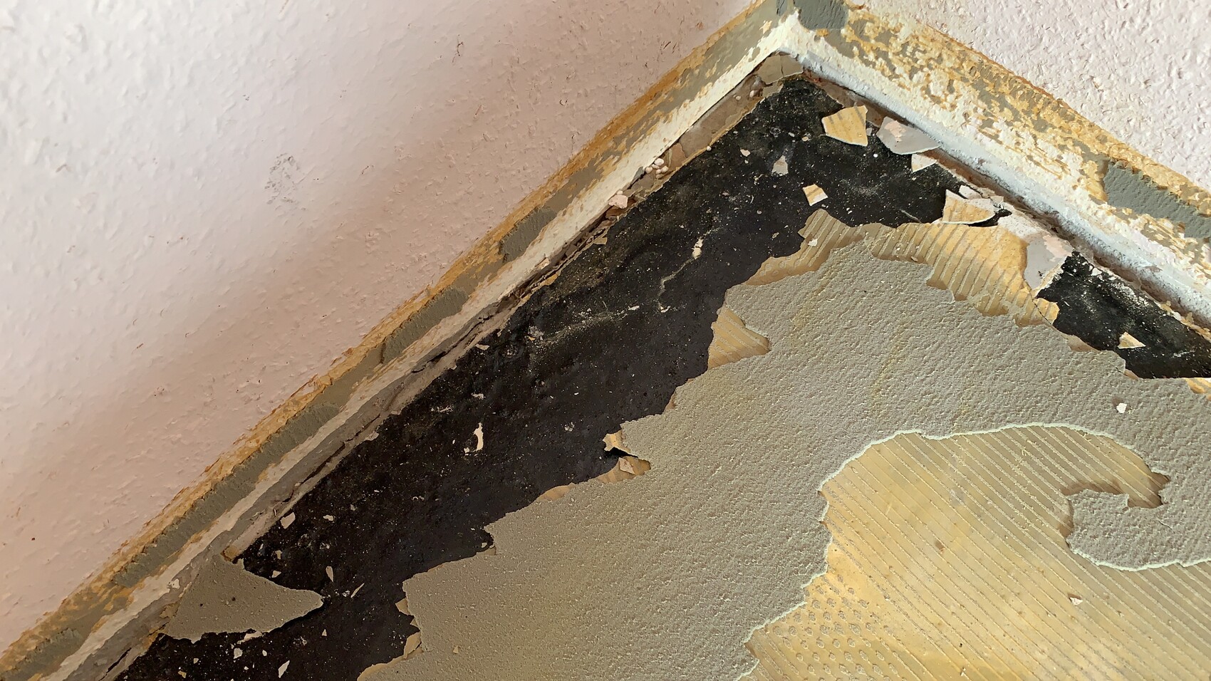 Beschädigte Innenwand und Boden, abgeblätterte Tapete, Feuchtigkeit im Eckbereich.