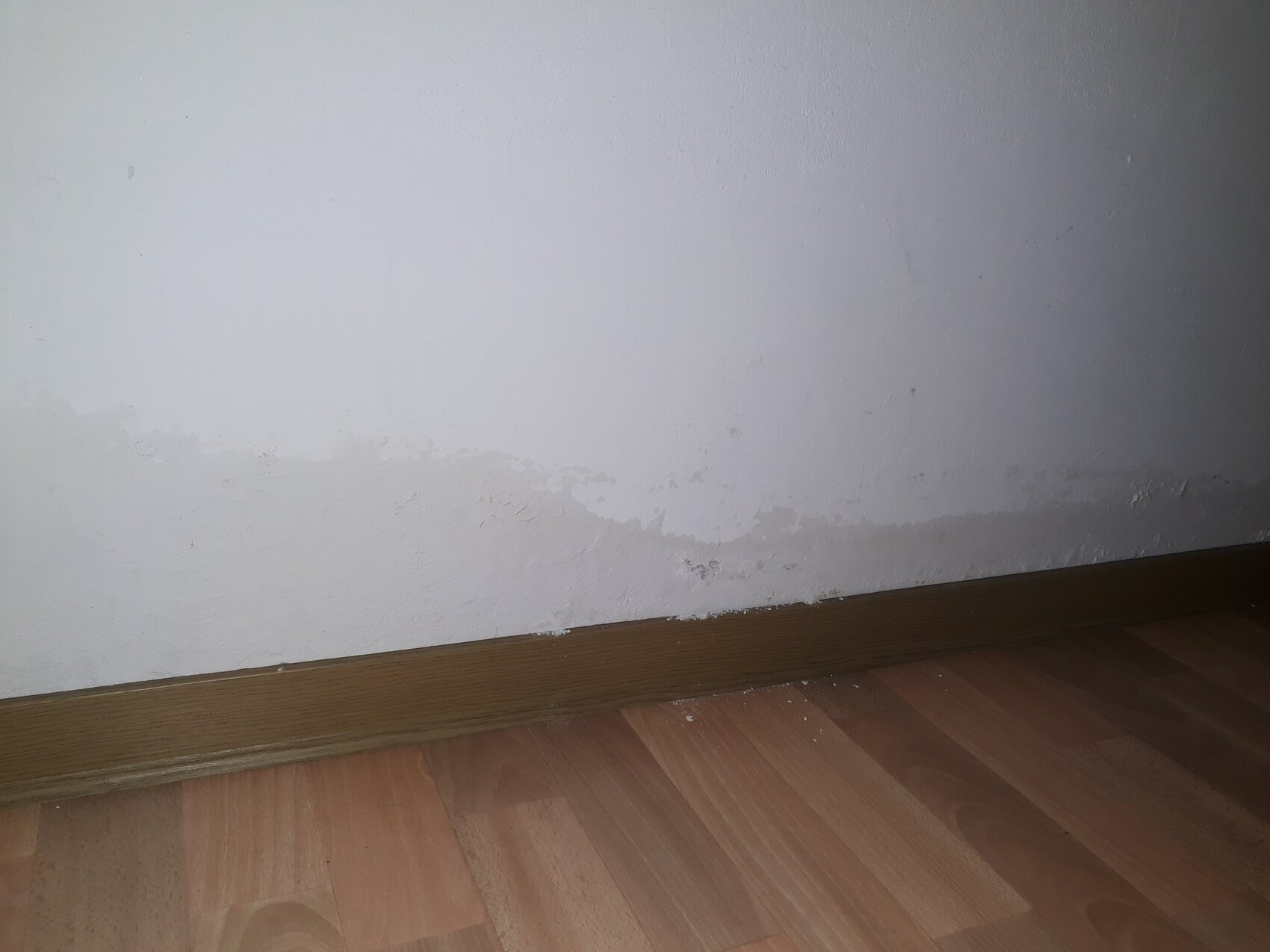 Weiße Innenwand mit Feuchteflecken und Abplatzungen am unteren Rand nahe dem Sockelbrett.