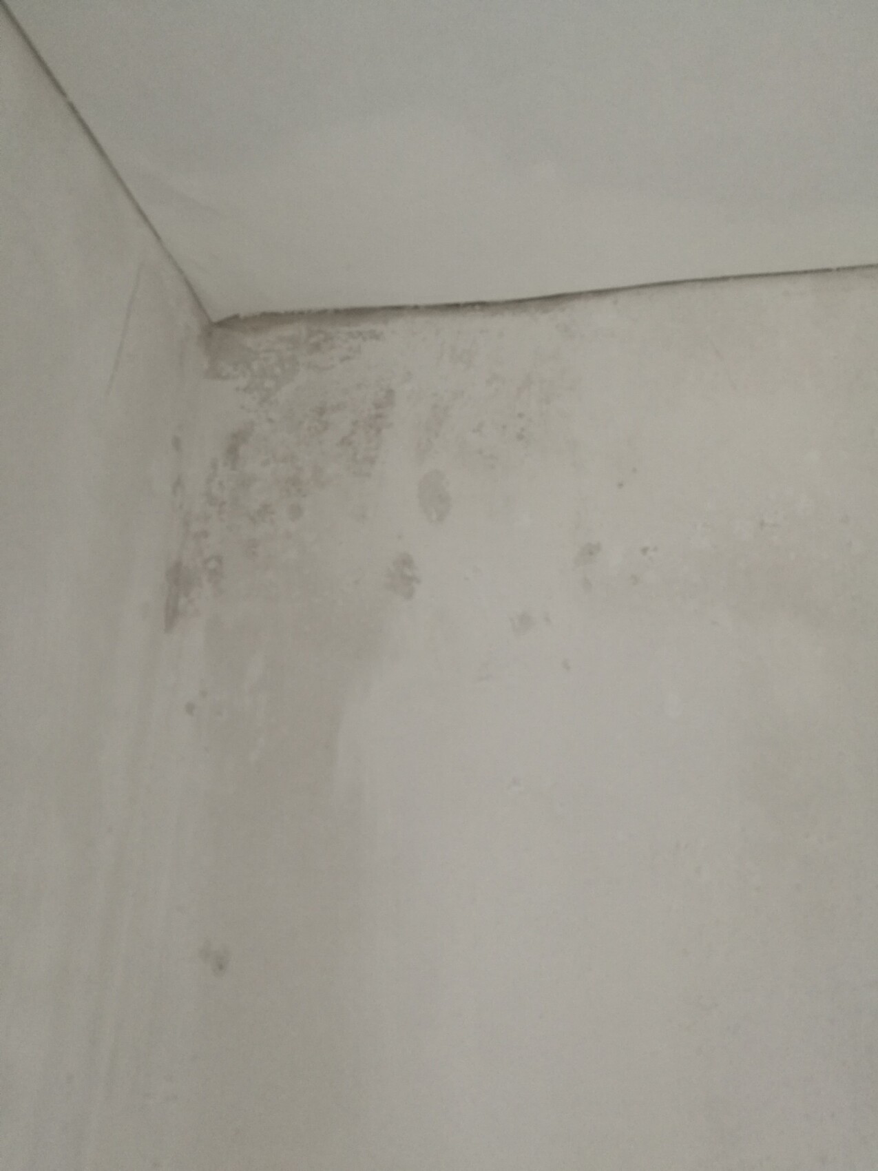 Feuchte Wand in einer Innenraumecke mit Schimmel- und Fleckenbildung.
