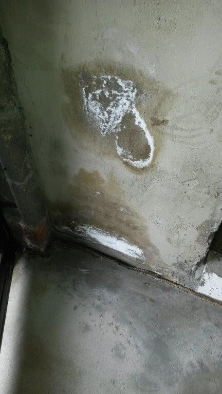 Feuchte Wand mit Kalkablagerung und feuchtem Boden im Kellergeschoss