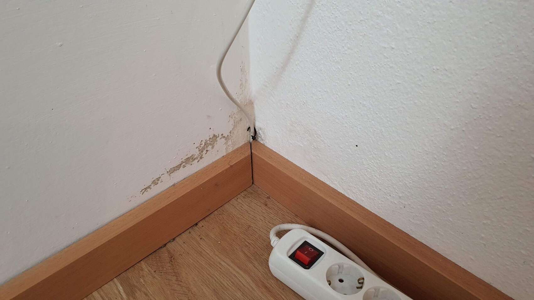 Ecke: Wand mit Feuchtigkeit/Abplatzungen am Boden, lose Kabel, Steckdosenleiste auf Laminat.