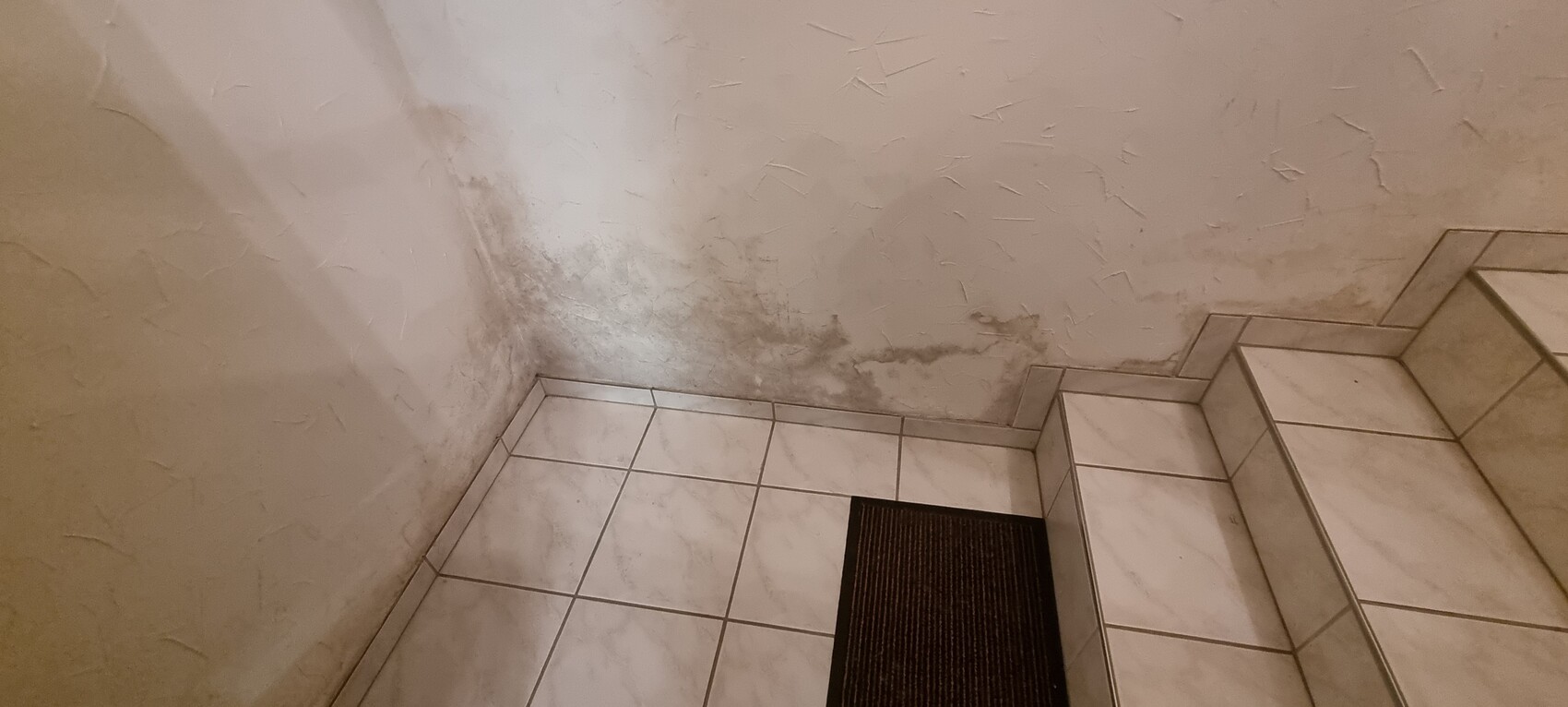 Treppenbereich mit hellen Fliesen, feuchte Flecken an der unteren Wand und dunkle Fußmatte am Boden