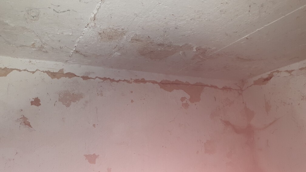 Rosa Wand mit abblätternder Farbe und Feuchtigkeitsspuren an Decke und Wand.