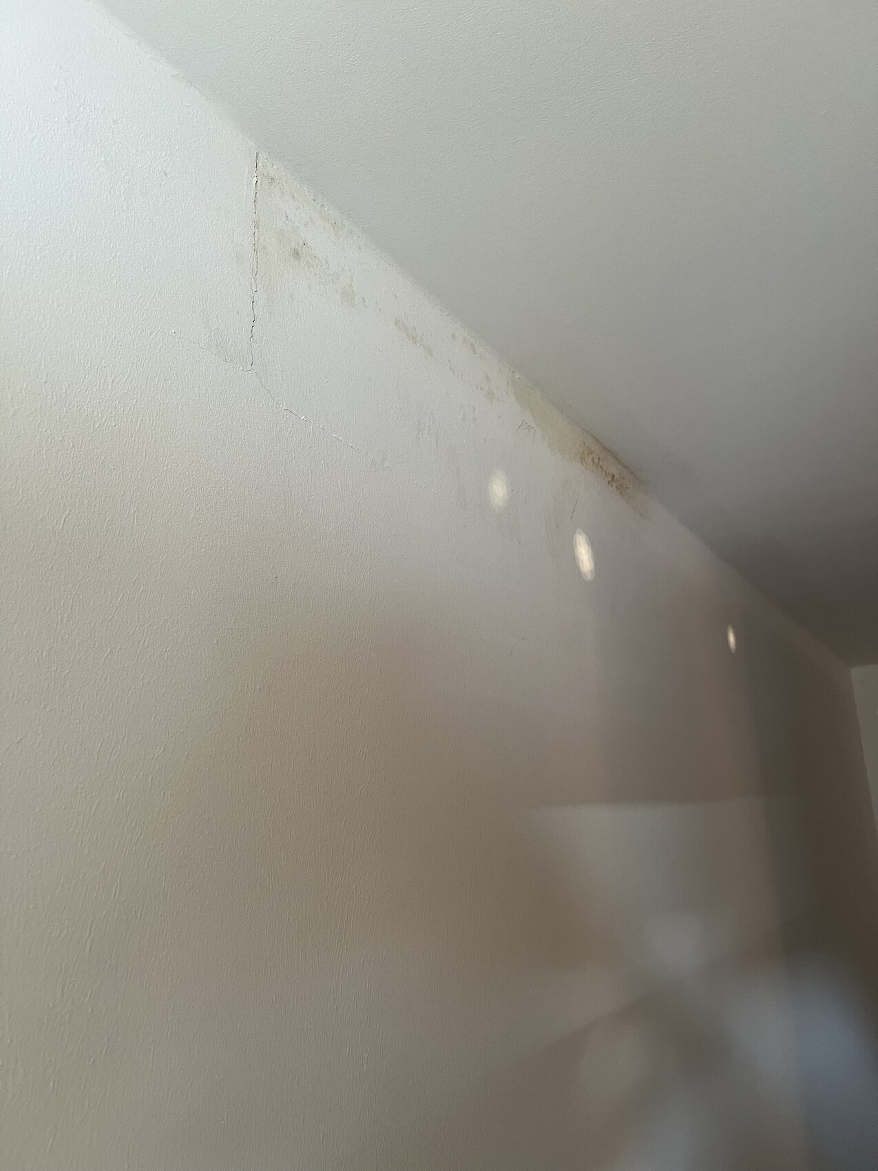 Weiße Innenwand mit Riss und gelblichen Wasserflecken an der Deckenkante