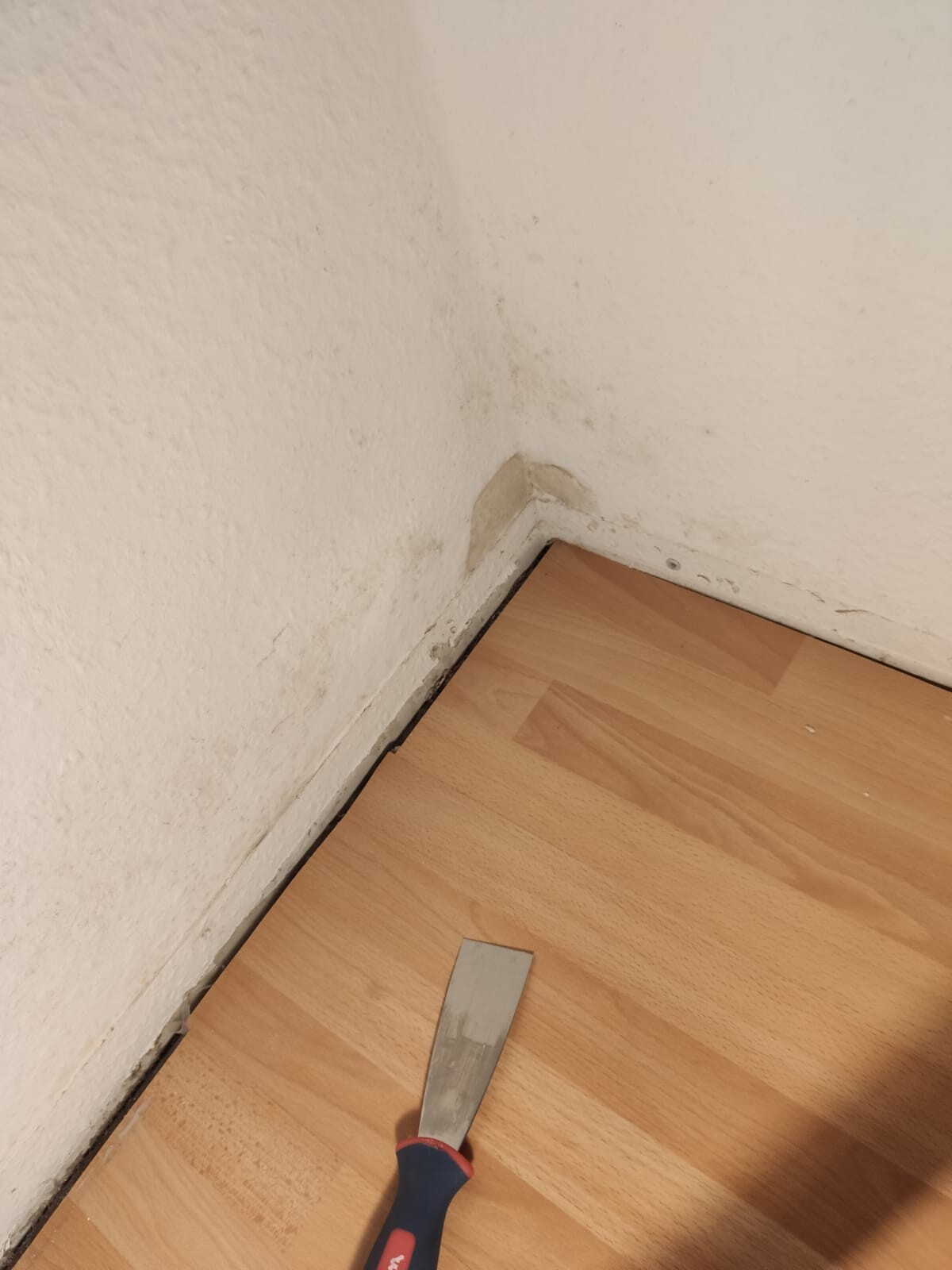 Eckenkante einer weißen Wand mit Schmutz, Holzboden, Spachtel liegt am Boden
