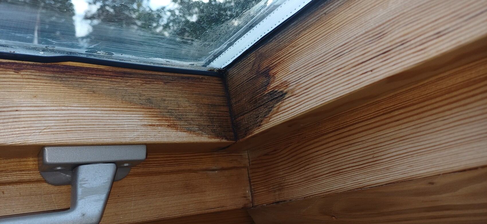Holzfensterrahmen mit Feuchtigkeitsschäden und dunkler Verfärbung im Innenbereich