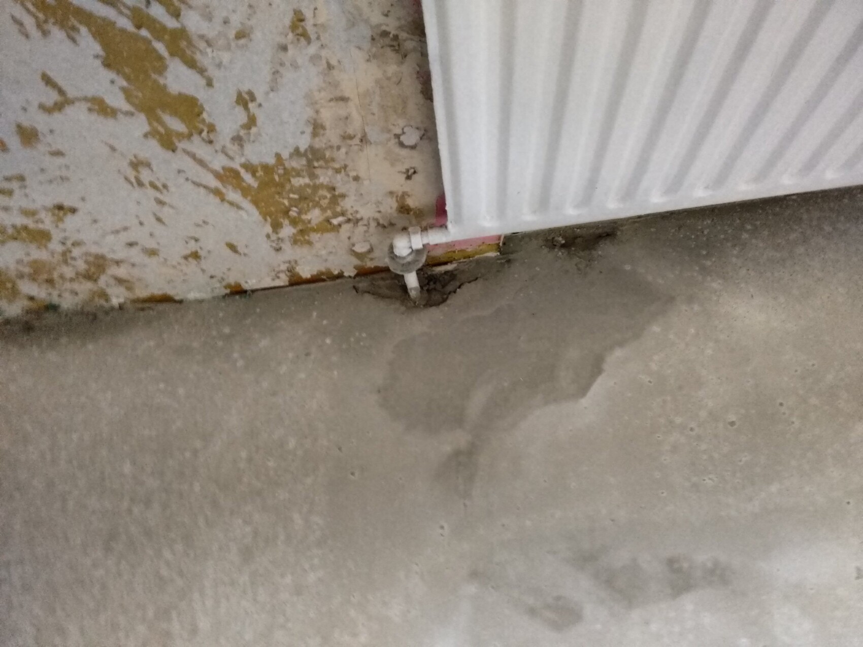 Feuchter Wandabschnitt mit abplatzendem Putz neben Heizkörper am Boden.