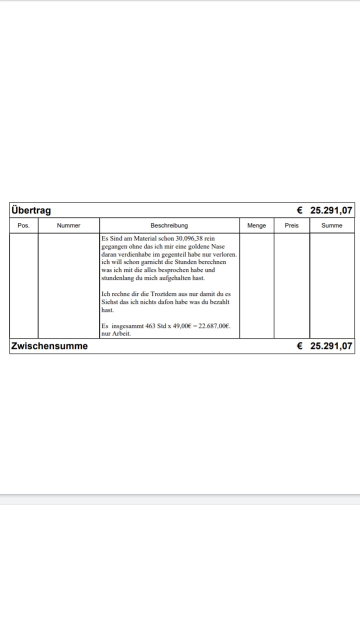 Scan einer Rechnungstabelle mit Betrag 25.291,07 € und Zwischensumme.