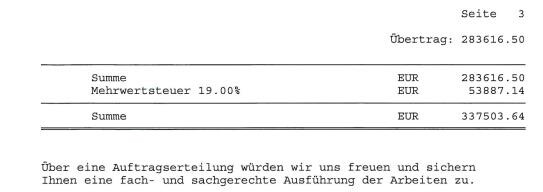 Seite 3 eines Dokuments mit Summe, Mehrwertsteuer 19.0% und Übertrag 283616.50 EUR.